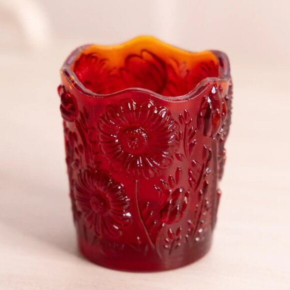 Small Red Amberina Glass Toothpick Holder with Flower Designs - Picture 2 of 4